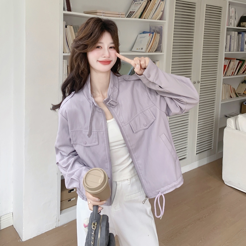 Light Purple Sweet-Cool Biker Style Buckle-Trimmed Stand-Collar Leather Jacket for Women, 2026 Spring and Autumn New Style, Petite Pu Short Jacket