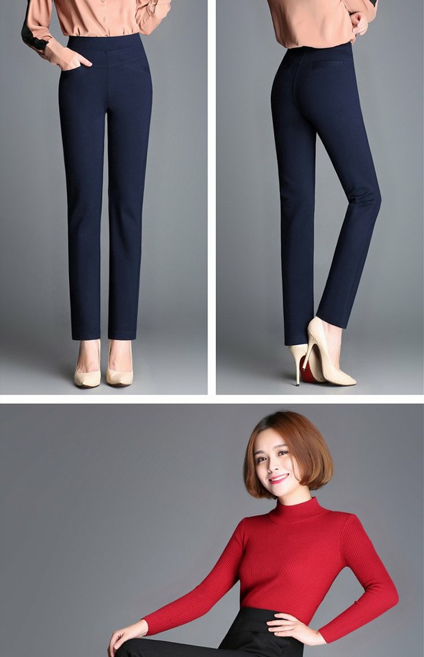 Mùa xuân 2018 quần thun eo cao cạp cao co giãn nhỏ quần thẳng cỡ lớn quần trung niên giản dị quần mẹ áo lẻ trung niên