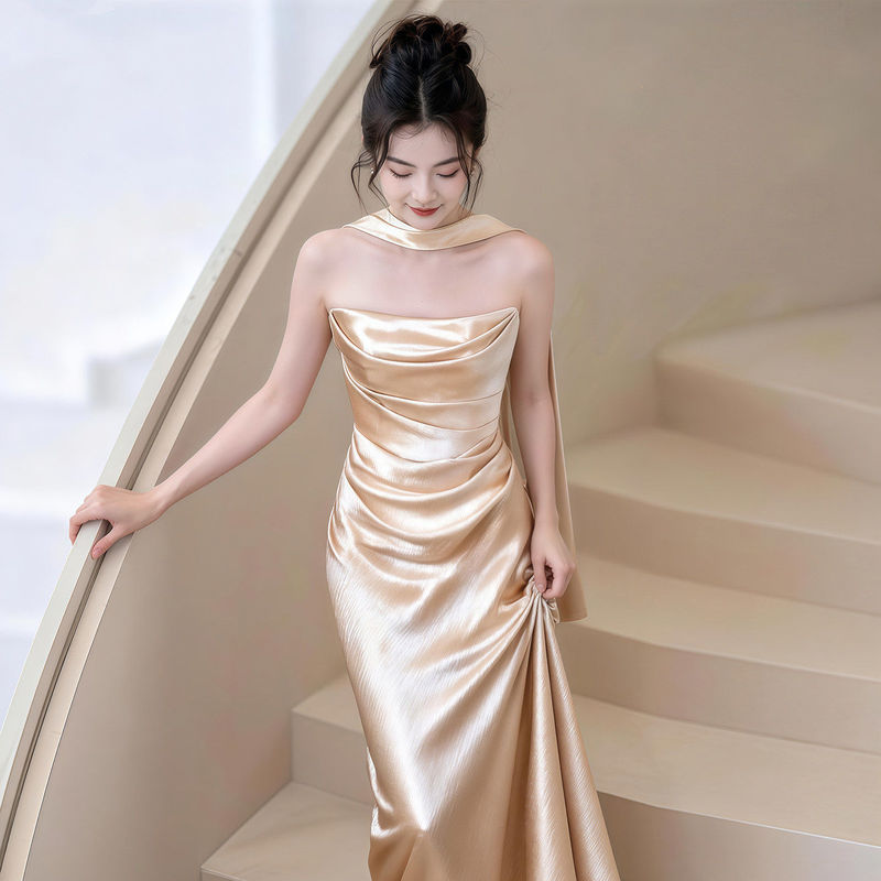 Light Gold Engagement Dress, Light Luxury Bridal Toast Dress, Morning Robe for Female Host, Elegant Gown for Coming-Of-Age Ceremony, Wedding Dinner Party