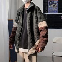 Autumn and winter lamb wool coat men plus velvet padded jacket loose coat ins tide brand trend color matching cotton coat