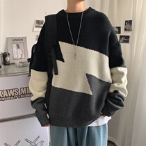 ins port color matching sweater men's loose lazy sweater Korean fashion winter warm sweater coat