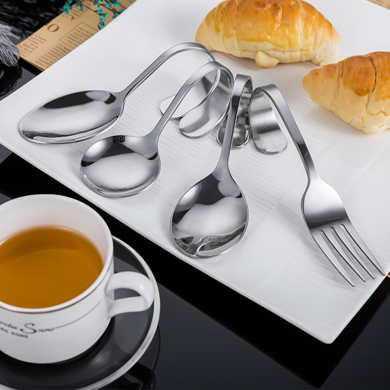 Stainless Steel Bent Spoon Curved Handle Tip Spoon Fire Pan Shop Shrimp Slide Spoon Bull Meat Balls Spoon Creative Western Meal Molecular Sweet Round Spoon