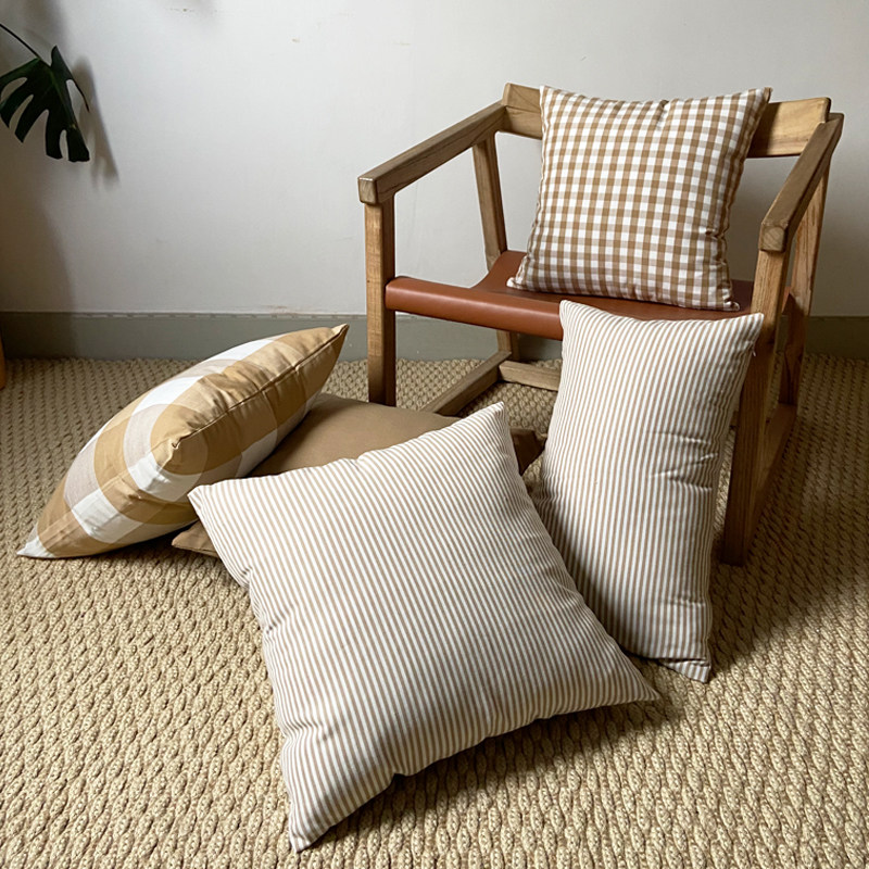 Japanese-style cotton and linen pillowcase camel plaid pillow Nordic living room sofa cushion geometric stripe headboard waist pillow