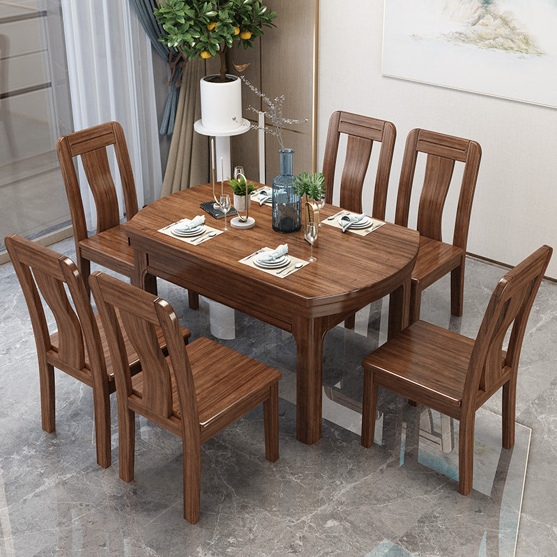 Chinese gold silk walnuts wood solid wood dining table and chairs combined with one table 46-8 chair square-round dual-purpose folding rice table