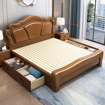 Real wood bed 1 8 meters master bedroom with double bed Chinese modern minimalist thick oak high Box storage furniture nuptial bed