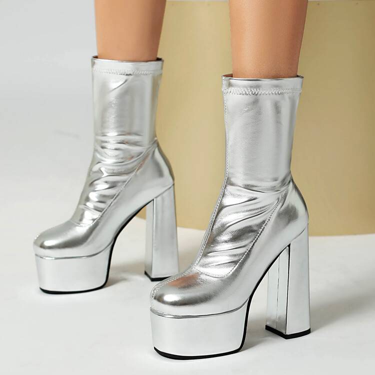 European and American New Style Sexy Leather Boots Stage Chunky Heel Ultra High Heel Short Boots Women's Brown White Gold Silver Boots Large Size