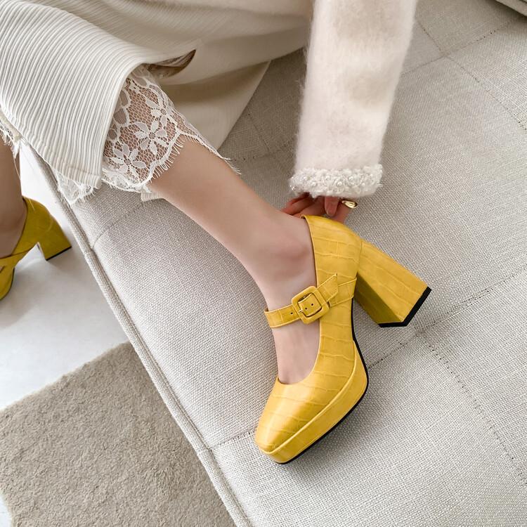 Mary Jane Shoes for Women, 2022 Spring New Style, Waterproof Platform High Heels, Chunky Heel, Yellow French Style, Elegant Small Leather Shoes