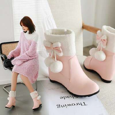 Autumn and winter warm cotton shoes, thickened plush, flat snow boots for girls, height-increasing princess short boots for girls