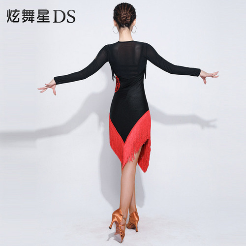 Women's latin dance dresses Latin dance dress long sleeve flower knot standard match dress tassel performance dress mesh