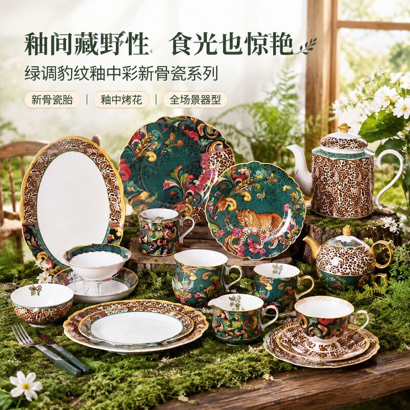 Retro European Palace Style Leopard Print Tableware Set Green Leopard Print Bowl Plate Accessible Luxury Coffee Cup High-End Steak Plate