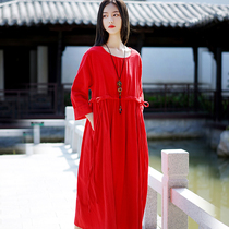 National style womens cotton and hemp Chinese national style Autumn and winter long-sleeved loose lace-up dress Big red long dress large size retro