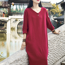 Republic of China style womens cotton and linen dress loose 2017 autumn vintage Chinese style one-piece disc buckle v-neck robe