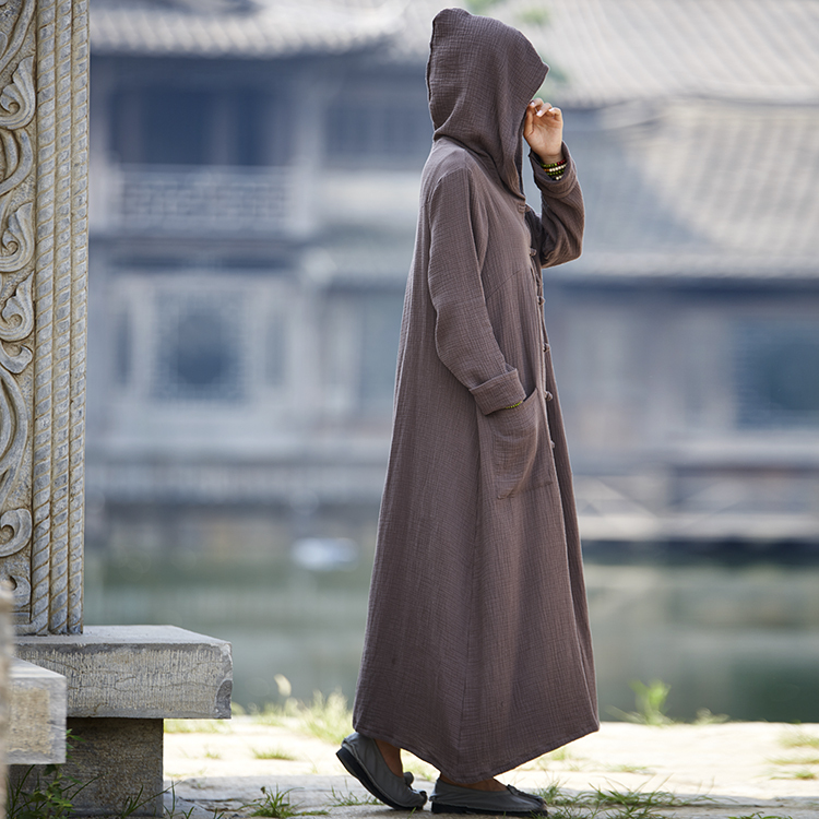 Cotton and Linen Women's Cape, Extra-Long Robe Dress with Hood, Buttoned Witch-Style Trench Coat, Trendy Large Hat