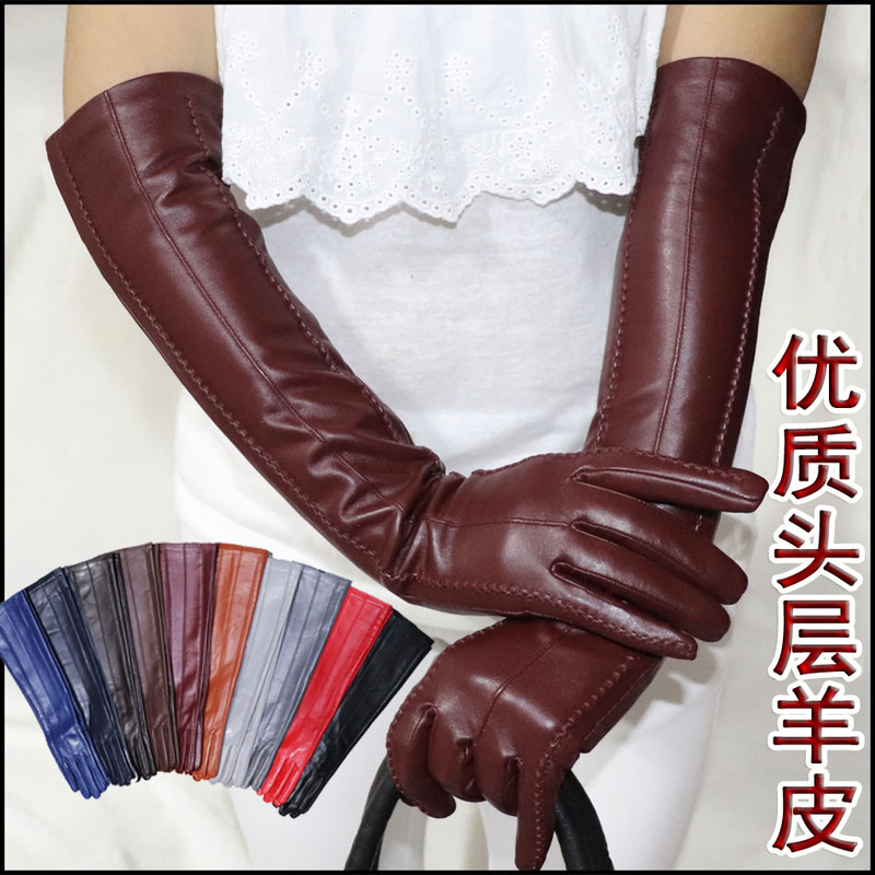 Genuine Leather Gloves for Women, Long Sheepskin Winter Gloves, Warm, Over-The-Elbow, Fleece-Lined, Thickened, Thin Arm Sleeves, Leather Sleeves, Touchscreen Compatible, Black and Colorful