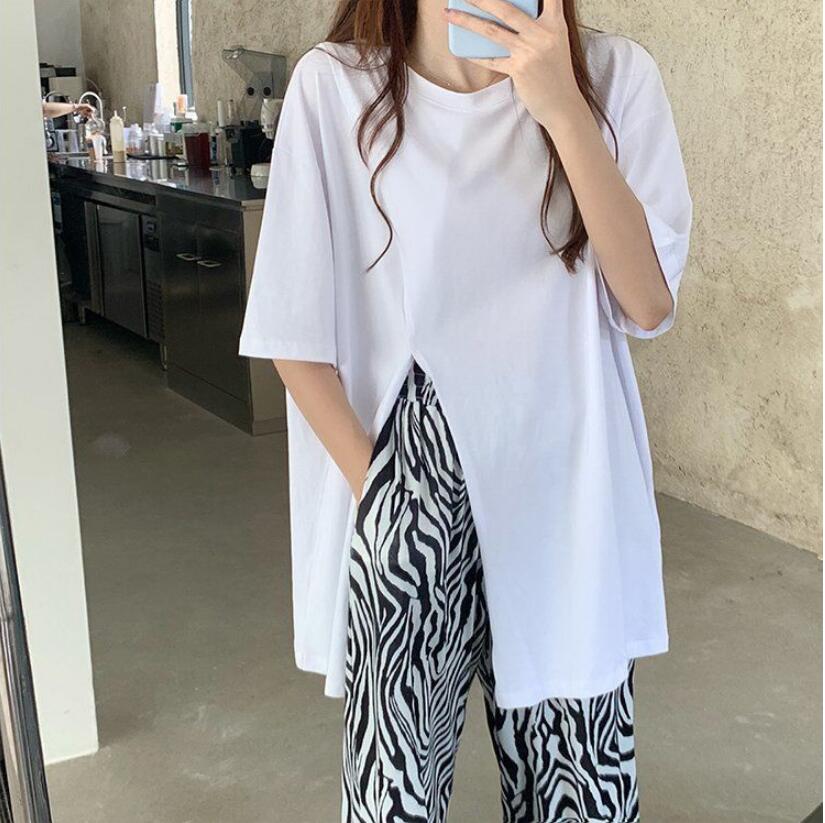 White Coat + Pantssummer Thin fashion suit female leisure time Two piece set Short sleeve T-shirt Lazy wind Zebra pattern Broad legs High waist trousers