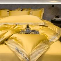 Four pieces of full-cotton pure cotton quilts on 200 long-volume light luxury golden yellow beds