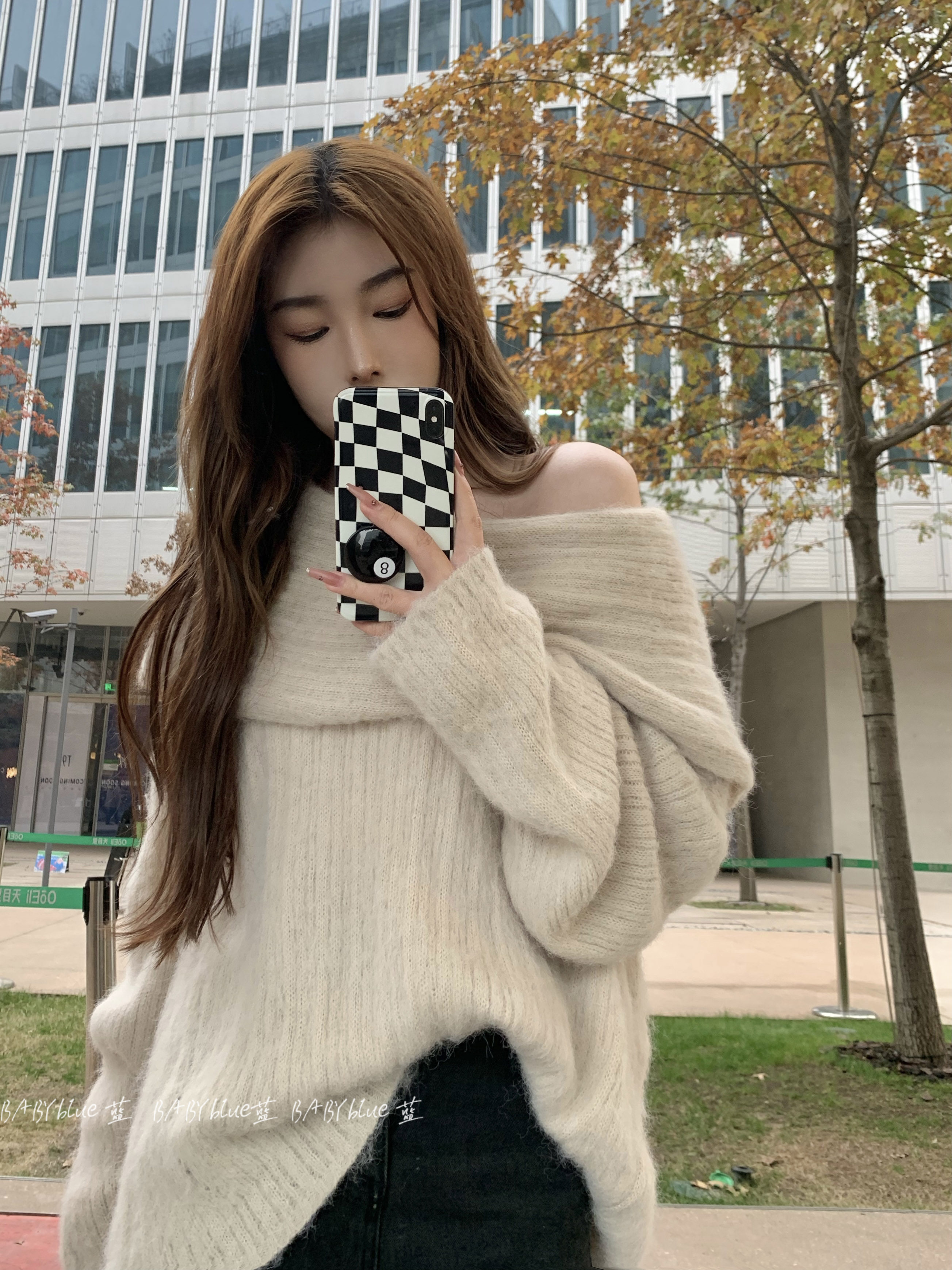 BABYblue (trapped in tenderness) Korean style autumn and winter one-shoulder off-shoulder mohair loose sweater