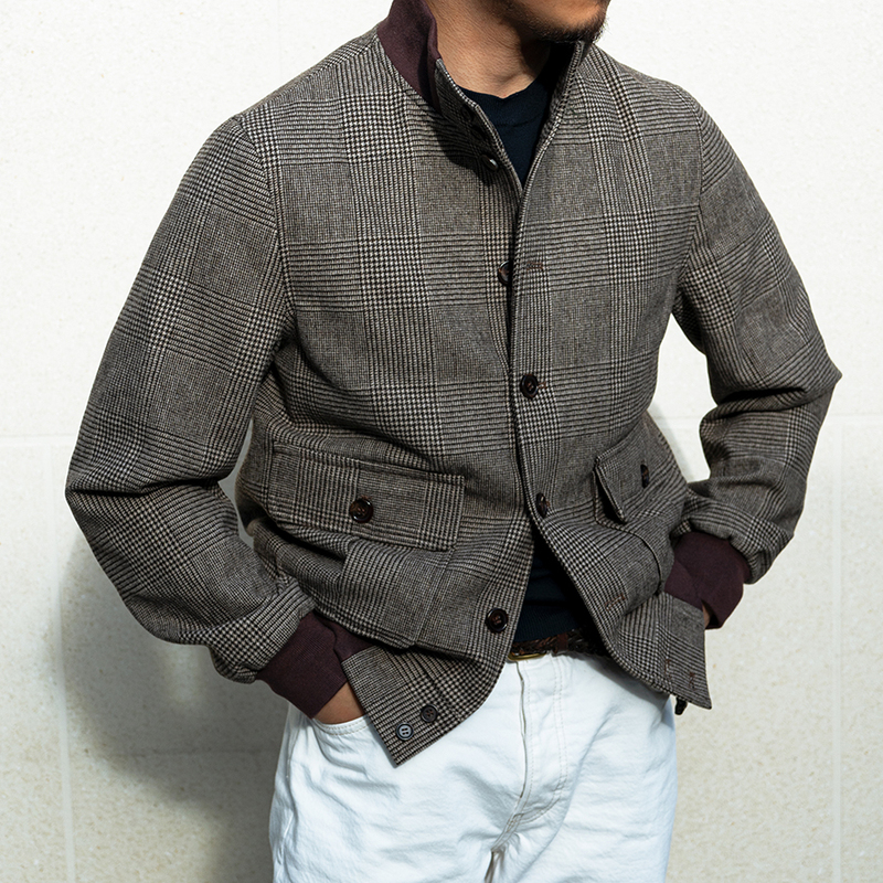 Thekiller Men's Autumn and Winter A1 Prince Check Pilot Jacket Tweed Short Slim Fit Stand Collar Woolen Coat
