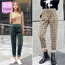 Corduroy pants children 2021 autumn and winter lattice pants tide Korean version of high waist slim straight loose casual Haren pants