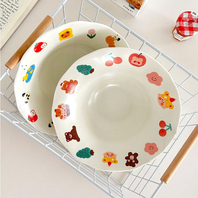 ສະໄຕລ໌ເກົາຫຼີ ins ceramic pasta plate cute childlike cartoon deep plate straw hat breakfast plate high-end salad dessert