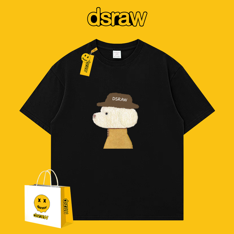 Dsraw Trendy Brand Cartoon Puppy Foam Print Short-Sleeved T-Shirt for Men and Women Loose Black Round Neck Couple Tops Summer