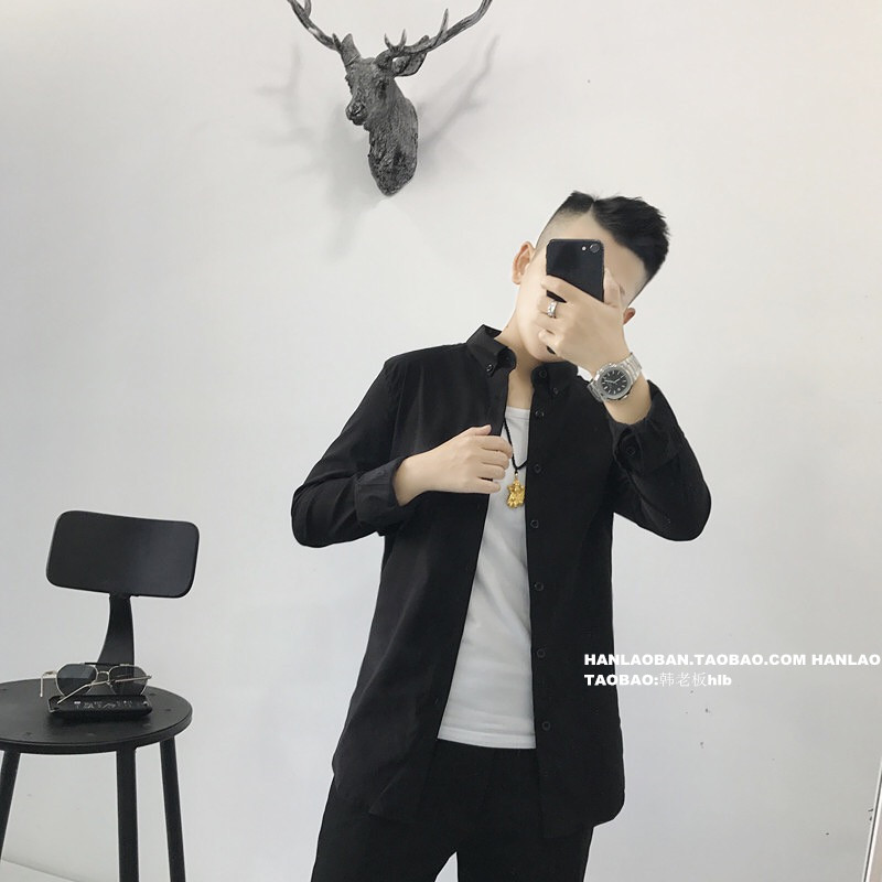 韩老板hlb 基础款 百搭黑白纯色衬衫潮男小码修身长袖衬衣外套