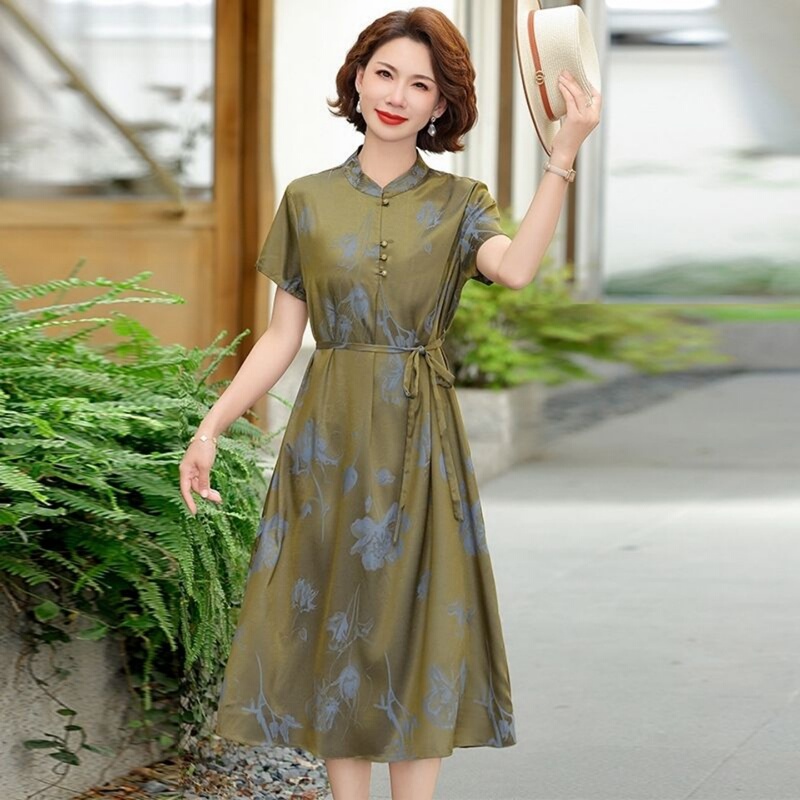 Hueq. Fashionable and Elegant Dress for Middle-Aged Moms, Summer Vintage Style with a High-End Feel, Tie-Waist Dress