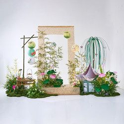 Dragon Boat Festival Decoration Scene Setup with Artificial Flowers, Fake Lotus Floral Arrangements, High-End Atmosphere, Beautiful Display, and Green Plant Ornaments