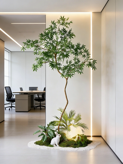 Simulated Plant Landscaping, Decorative Green Plants, Soft Decoration Landscape ‌ Wabi-Sabi Style Interior Arrangement under the Stairs in the Corner of the Entrance Hall