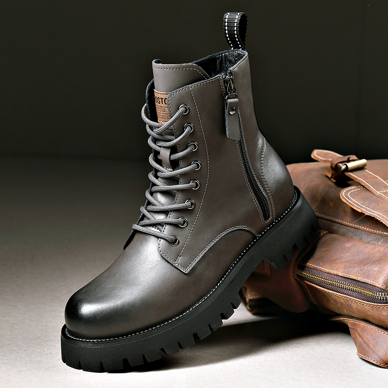 Martin Boots for Men, Genuine Leather High-Top Military-Style Leather Shoes, British Mid-Top Outdoor Work Boots, Winter Fleece-Lined Warm Short Boots Martin Boots for Men, Genuine Leather High-Top Military-Style Leather Shoes, British Mid-Top Outdoor Work Boots, Winter Fleece-Lined Warm Short Boots