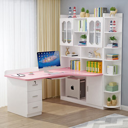 Solid Wood Corner Computer Desk Desktop Home Student Writing Desk with Bookcase Table Corner Desk Bookshelf Integrated Table