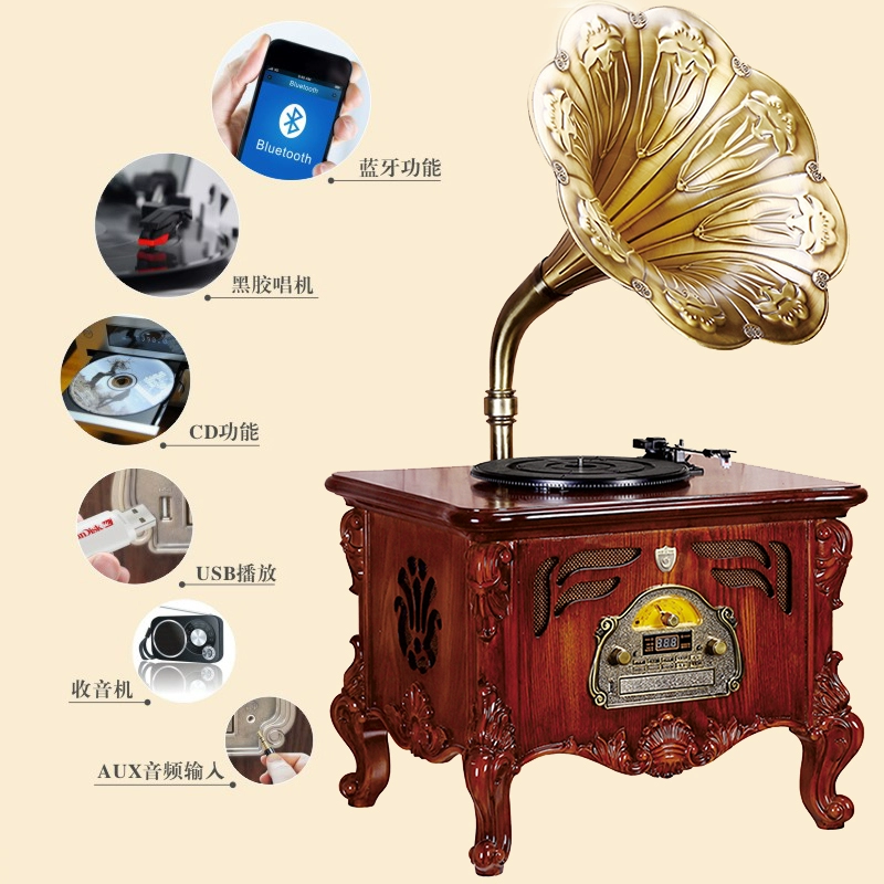 Jue phonograph sáng tạo retro rắn gỗ cổ điển vinyl ghi máy nghe nhạc sừng lớn máy nghe nhạc âm thanh châu Âu