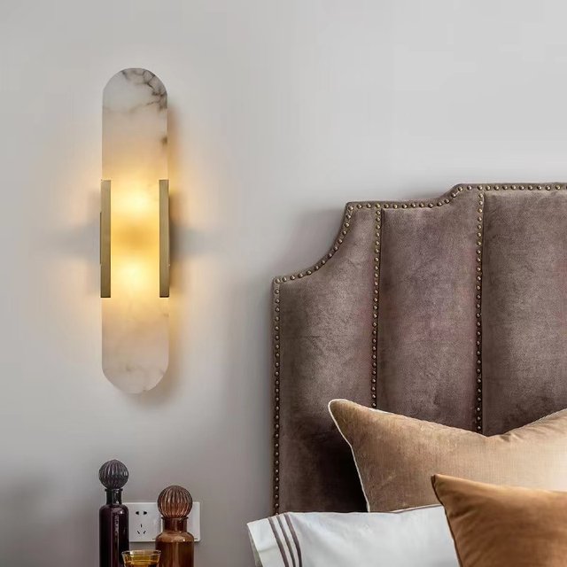 Marble Wall Lamp for Bedroom Bedside, Full Spectrum Eye-Protection Wall Light, All-Copper Sofa Background Wall Corridor Vintage Aisle Light