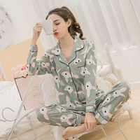 Bộ đồ ngủ dài tay cho nữ áo len cotton mùa xuân và mùa thu Hàn Quốc phiên bản mới mẻ và xinh xắn có thể mặc bên ngoài nhà chị em phục vụ thời trang đồ bộ