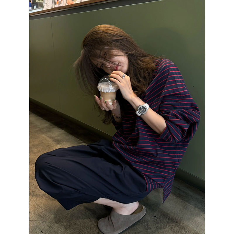 Hong Kong Style Chic Retro Design Color-Block Striped Long-Sleeve T-Shirt for Women, Loose Pure Cotton Base Shirt Top for Spring and Autumn Hong Kong Style Chic Retro Design Color-Block Striped Long-Sleeve T-Shirt for Women, Loose Pure Cotton Base Shirt Top for Spring and Autumn