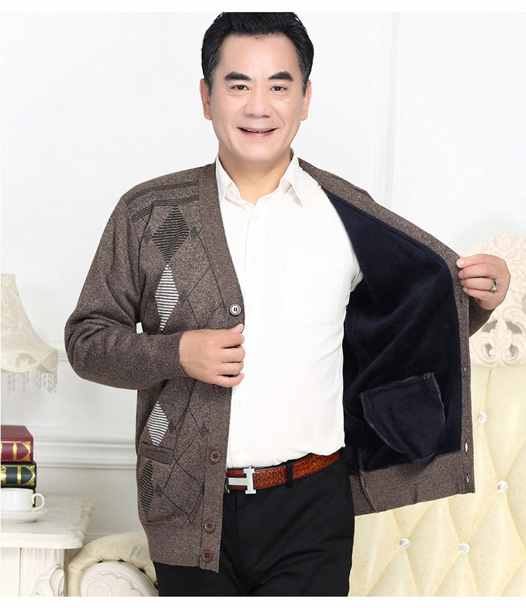 Đàn ông trung niên mùa thu đông mới cộng với áo len dệt kim nhung dày Bố mặc áo len đan cổ chữ V blazer nam