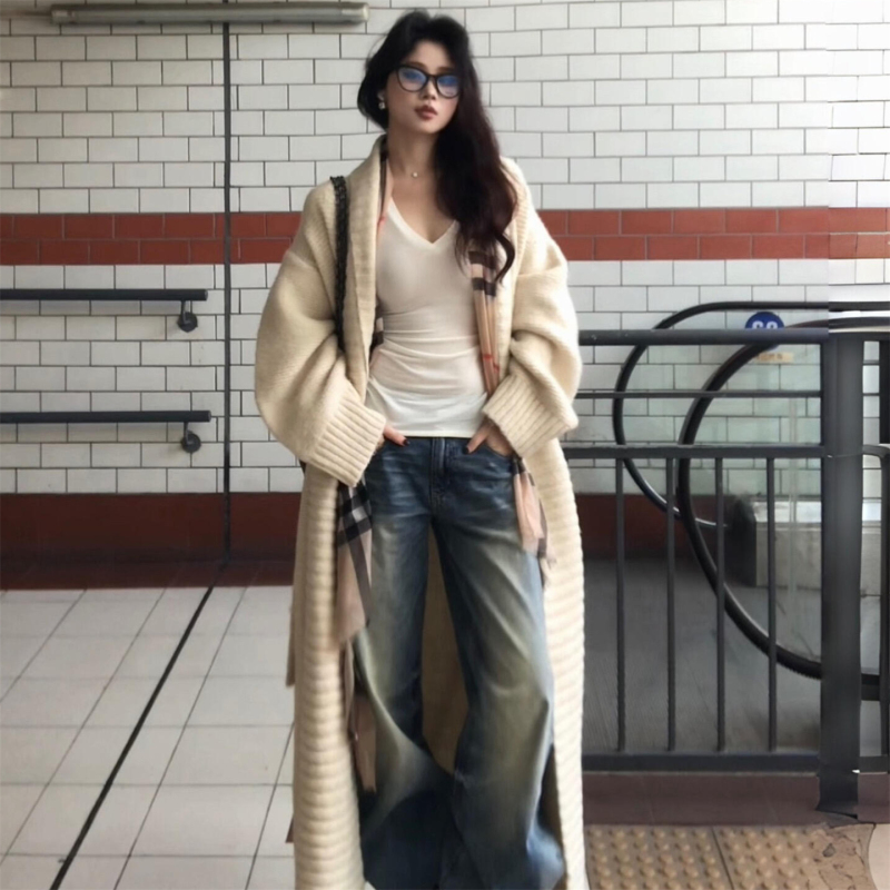 Apricot Knitted Cardigan for Women 2025 Autumn New Design Loose and Lazy Style Outerwear with Tie Long Sweater Coat