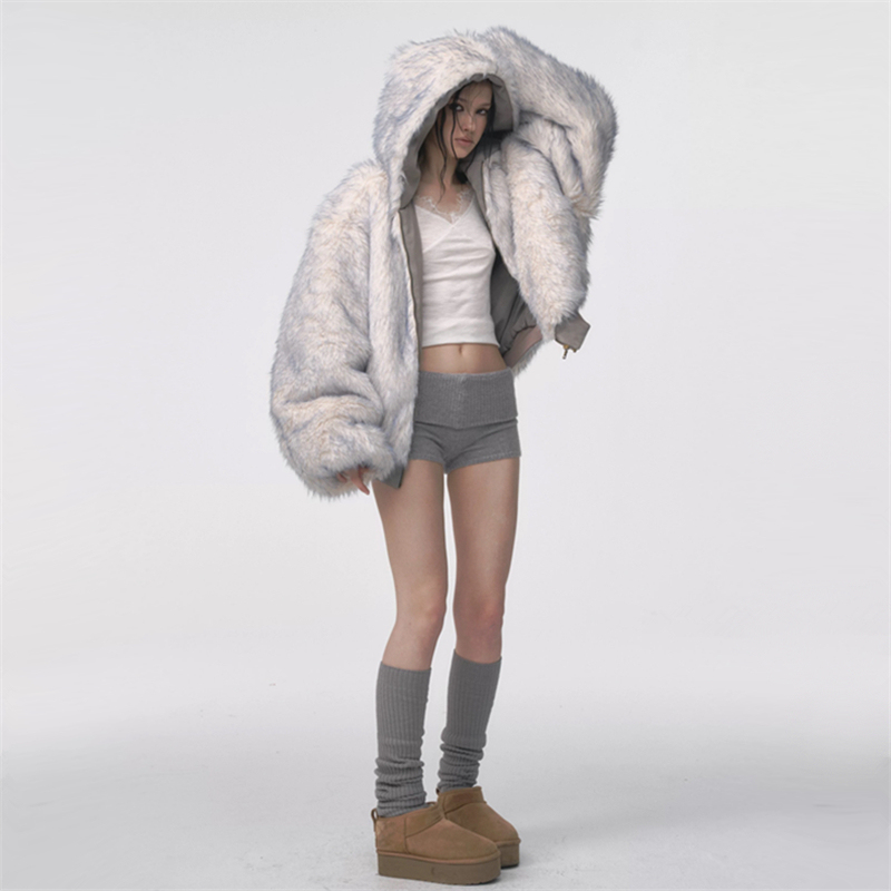 Ice Blue Dyed Suede Hooded Jacket for Women, Winter American Retro Style, Lazy Double-Sided Eco-Friendly Fur Jacket Ice Blue Dyed Suede Hooded Jacket for Women, Winter American Retro Style, Lazy Double-Sided Eco-Friendly Fur Jacket