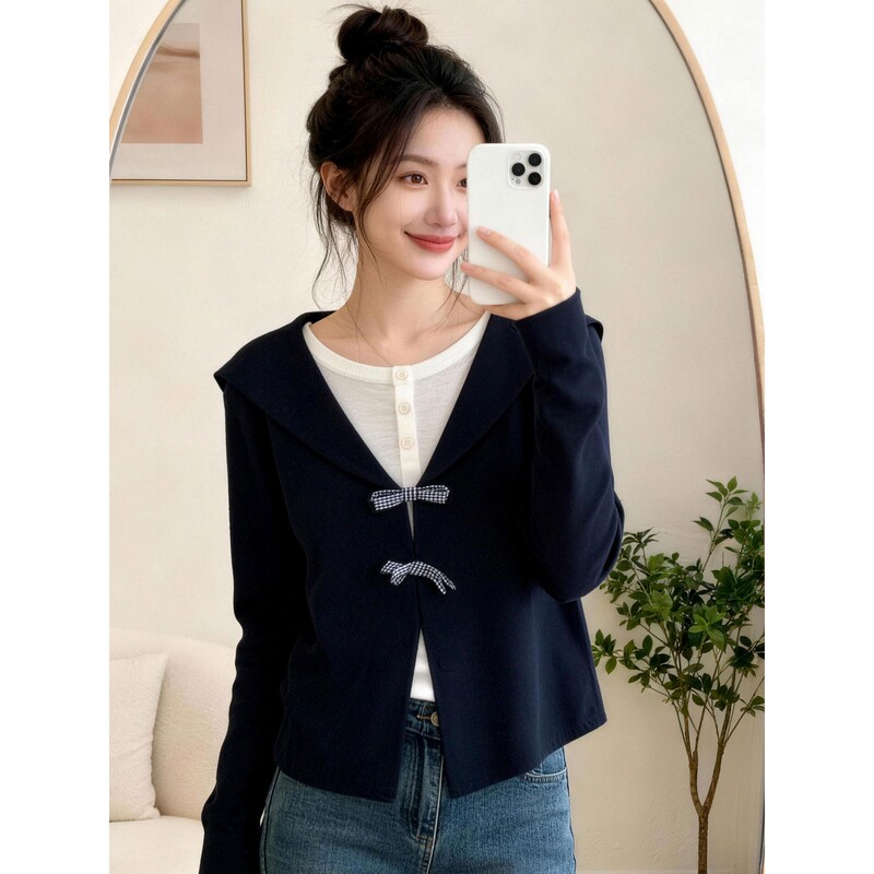 Plus-Size Women's Navy Collar Faux Two-Piece Patchwork Long-Sleeve Base Shirt, Early Autumn New High-End Design Top