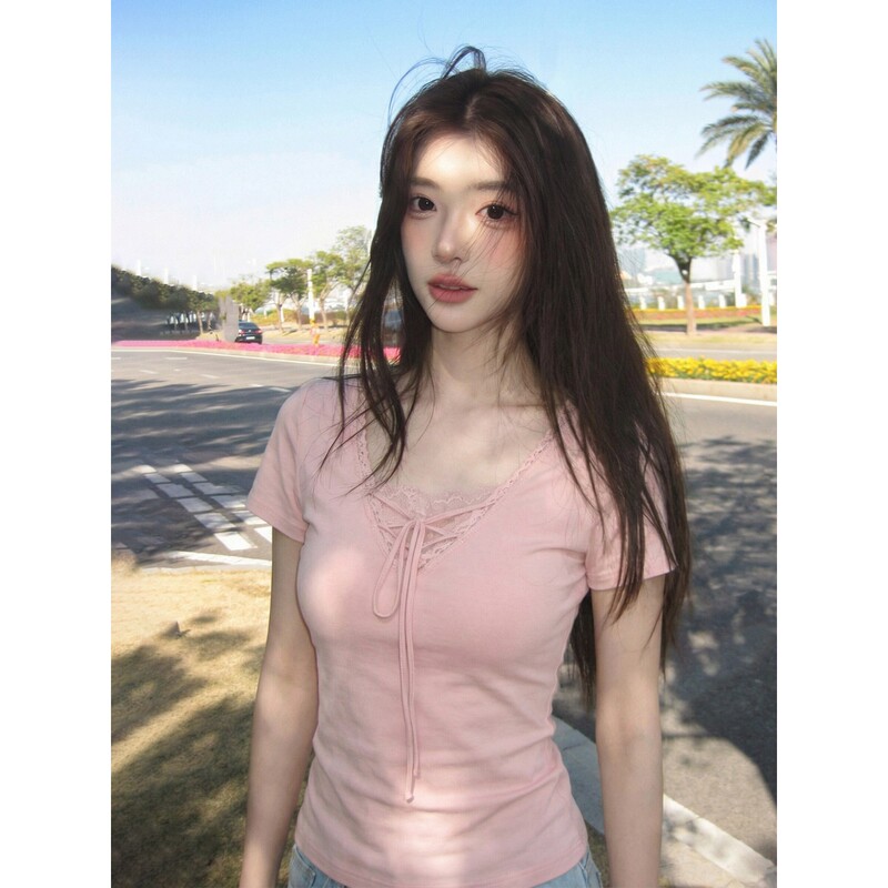 Plus-Size Fat Girl Pure Desire Ballet Style Korean Pink V-Neck Short-Sleeved T-Shirt Women's Lace-Trimmed Tie-Up Top Early Spring Plus-Size Fat Girl Pure Desire Ballet Style Korean Pink V-Neck Short-Sleeved T-Shirt Women's Lace-Trimmed Tie-Up Top Early Spring