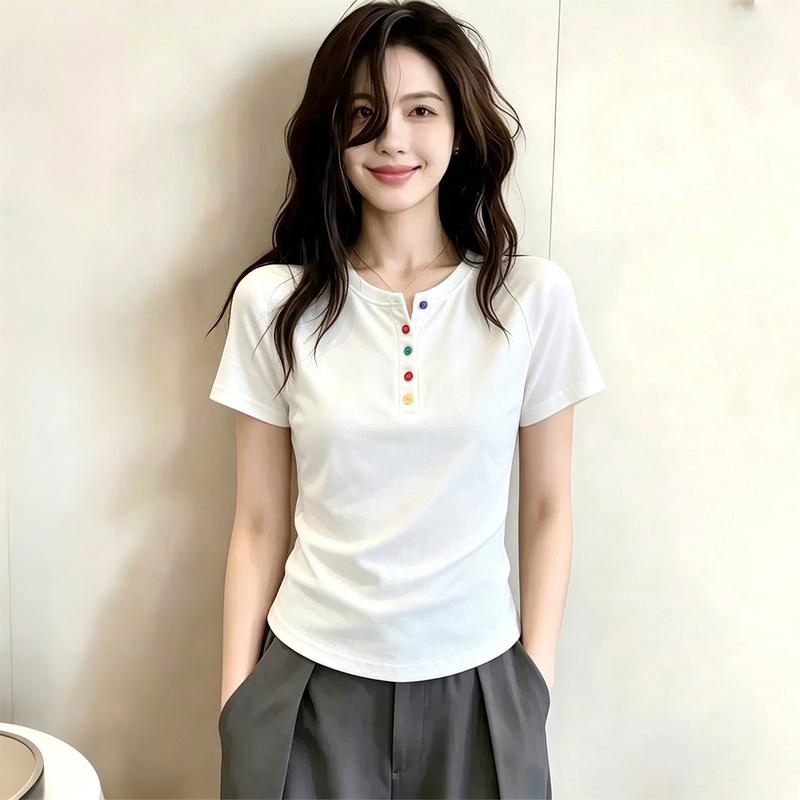Plus-Size Casual Style Colorful Button Design Short-Sleeve T-Shirt for Women, Summer Half-Open Collar Youthful Top Plus-Size Casual Style Colorful Button Design Short-Sleeve T-Shirt for Women, Summer Half-Open Collar Youthful Top