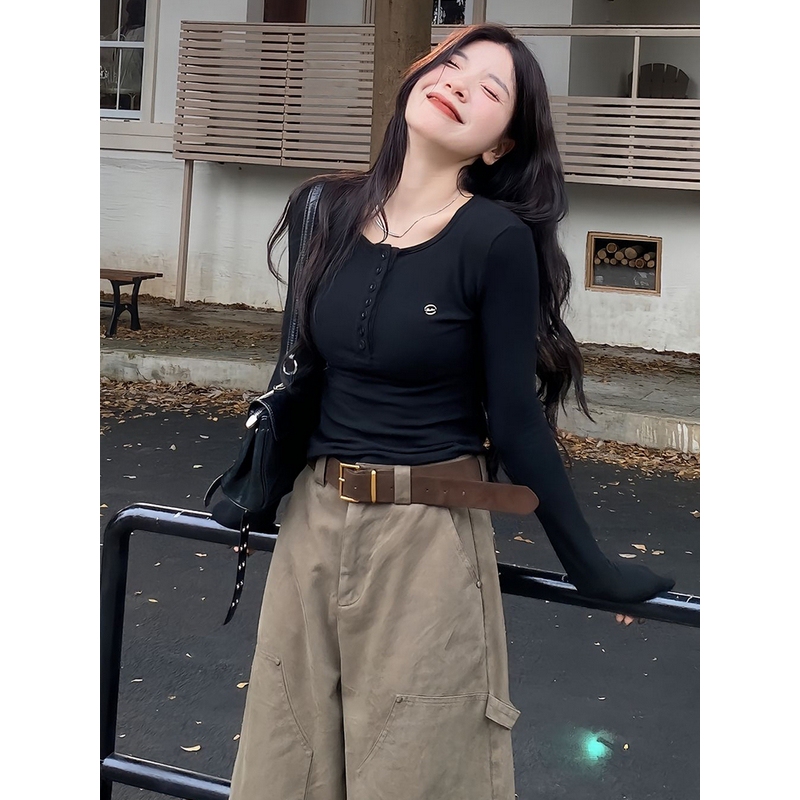 Plus-Size Black Square-Neck Button-Down Long-Sleeve T-Shirt for Women, 2026 Autumn New Slim-Fit Slimming Base Shirt Top Plus-Size Black Square-Neck Button-Down Long-Sleeve T-Shirt for Women, 2026 Autumn New Slim-Fit Slimming Base Shirt Top