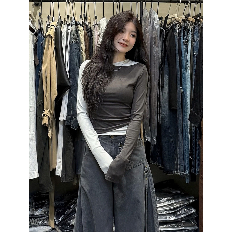 Plus-Size Women's Fake Two-Piece Spliced Long-Sleeve T-Shirt, 2026 Spring New Niche Design Base Shirt Top
