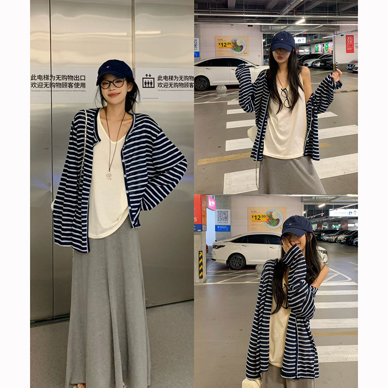 Plus Size Striped Long-Sleeve Knitted Sun Protection Cardigan for Women, Summer 2026 New Thin Outerwear Loose Top