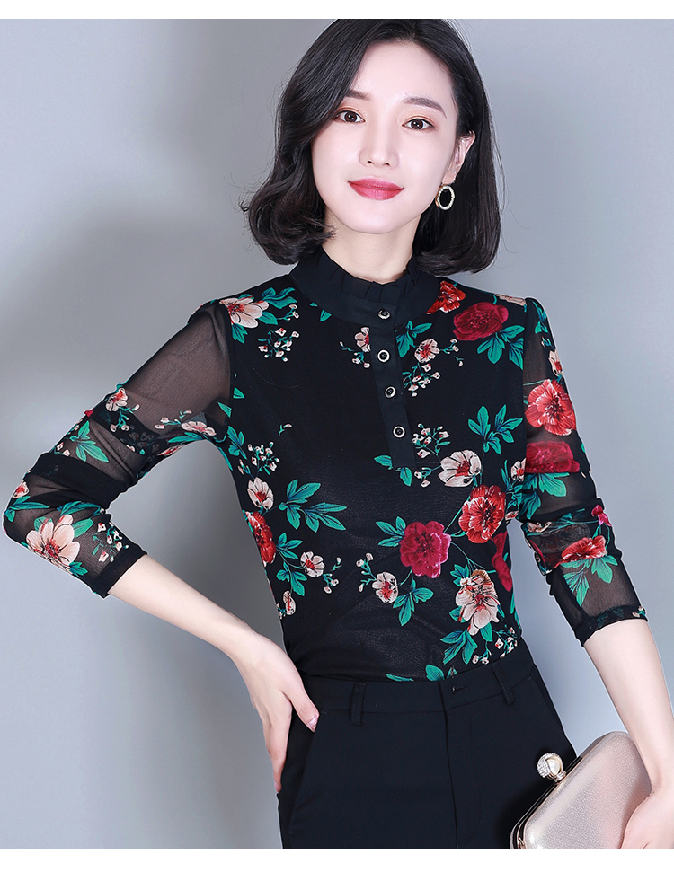 Áo cổ cao cộng với áo nhung đáy quần nữ dài tay lưới áo thun ngoại nhỏ áo sơ mi size lớn 2018 áo mẹ thu đông váy trung niên đẹp