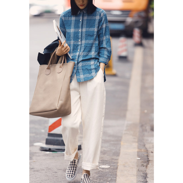 Unique Weaving Minimalism Custom Texture Cotton Casual Pants Slim Skinny Pants Casual Pants Art Retro Women