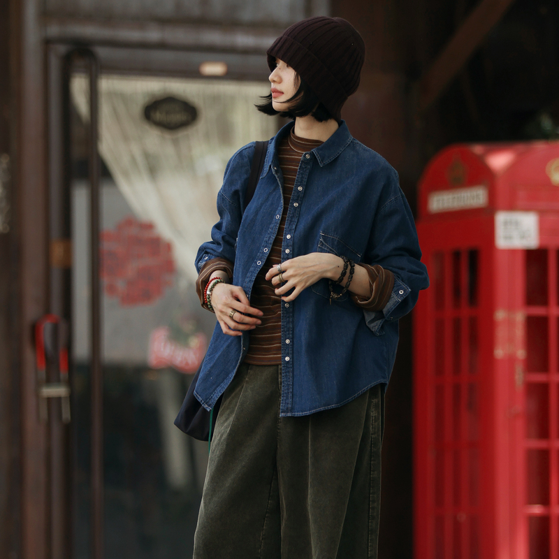 Cotton and Linen Denim, Pre-Dyed Loose Casual Workwear, Plus-Size Denim Shirt, Women's Autumn and Winter Shirt, Exclusively Woven Cotton and Linen Denim, Pre-Dyed Loose Casual Workwear, Plus-Size Denim Shirt, Women's Autumn and Winter Shirt, Exclusively Woven