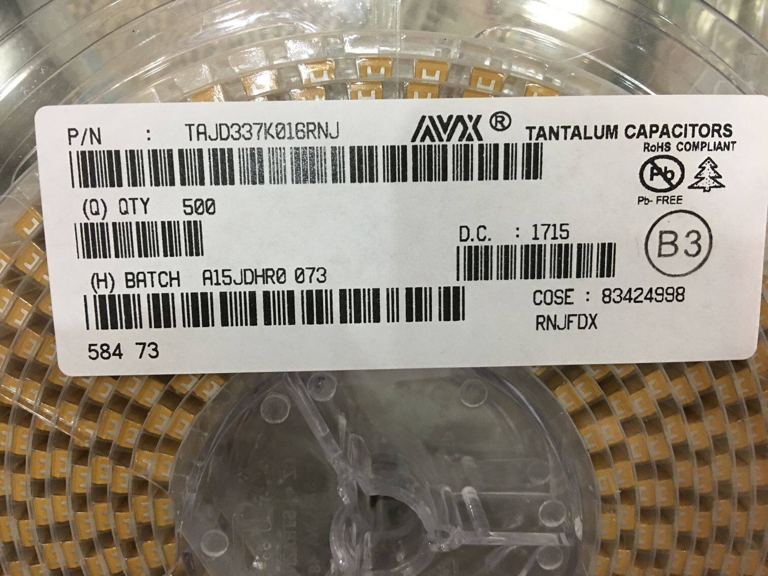 Tantalum capacitors 7343 2917 TAJD337K016RNJ 16V 330UF type D 10% 337c YELLOW
