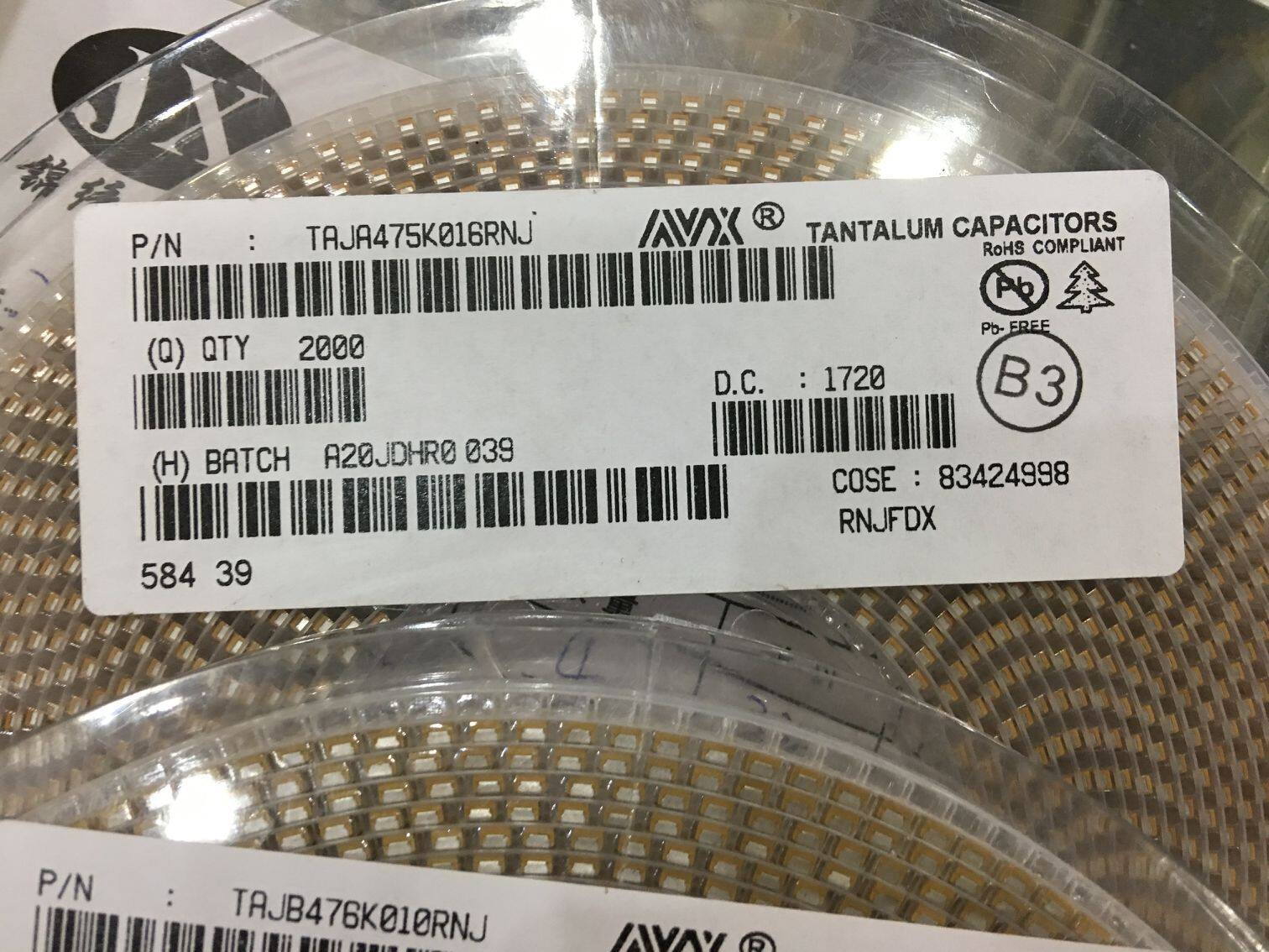 Tantalum capacitor AVX TAJB475K010RNJ 3528 1210 10V 4 7UF 10% 475A Type B