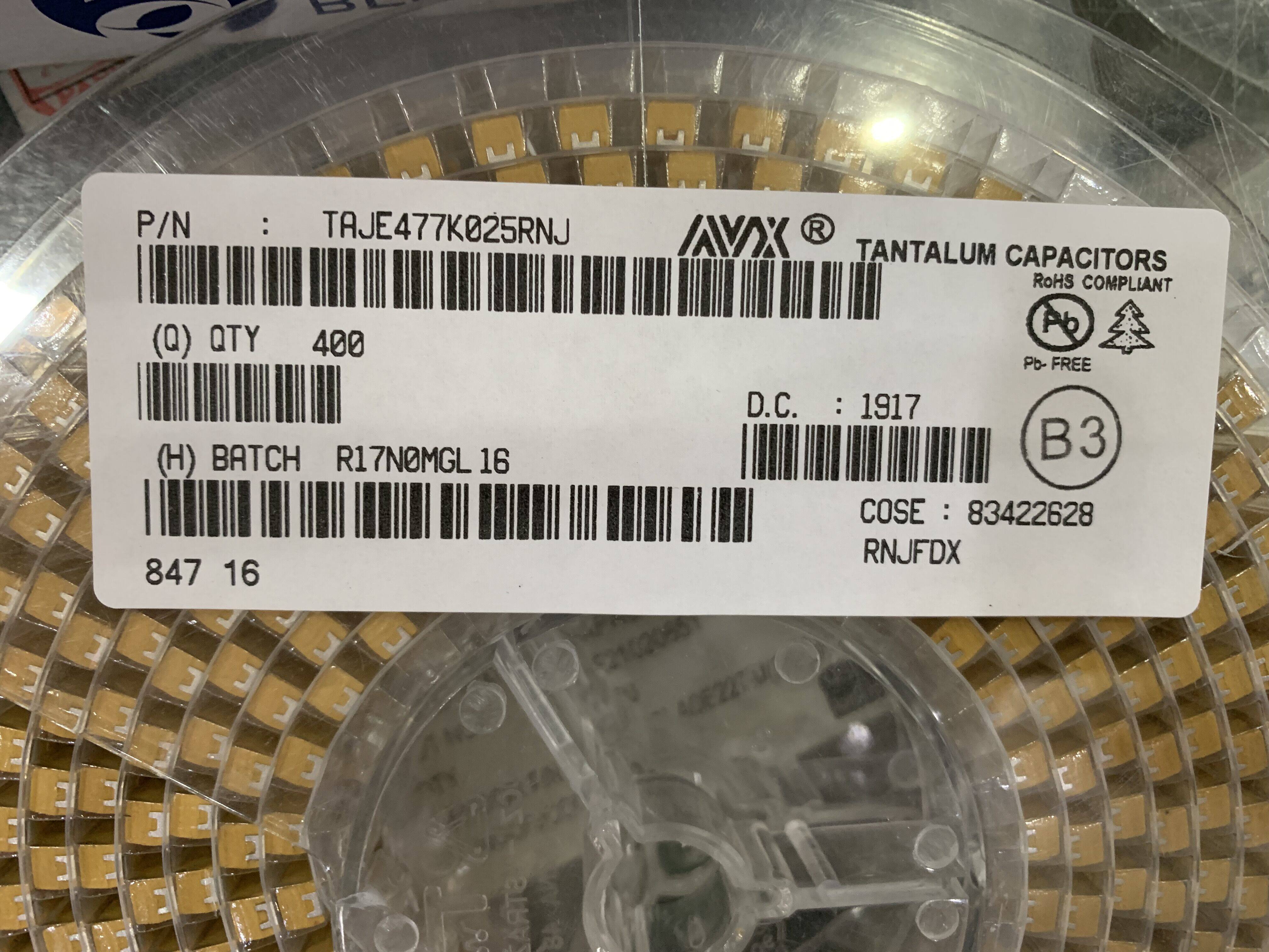 Tantalum capacitor AVX TAJV477K025R 25V 470UF 477E 2924 V type 10%